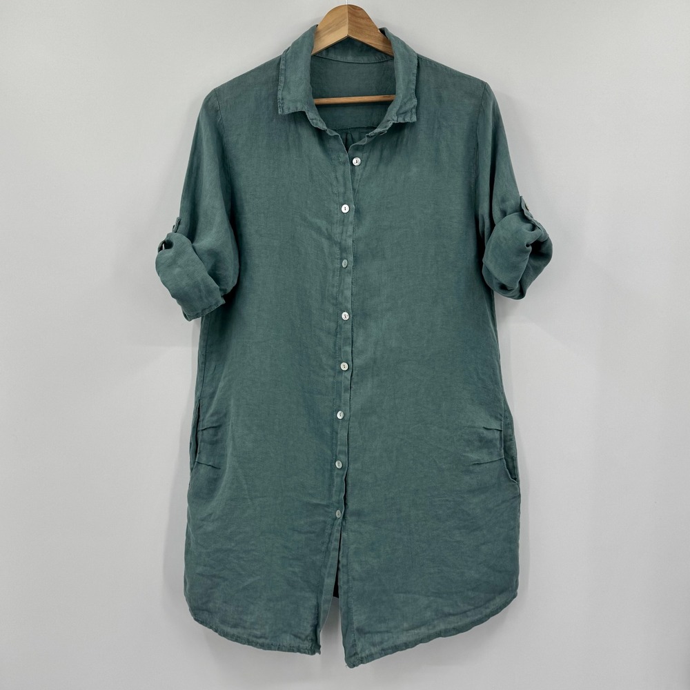 Italian Linen Teal Button Front Tunic Shirt Dress Roll Tab Sleeve Pockets Size L